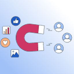 Un aimant attirant des profils d'utilisateurs, entouré d'icônes de réseaux sociaux, illustrant la génération de prospects sur les réseaux sociaux.​​ 